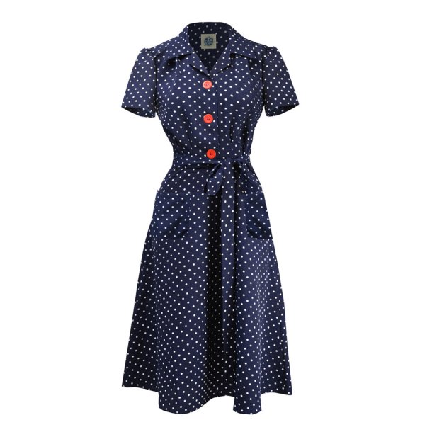 Pretty Retro Skjortekjole med i 40er stil navy med prikker