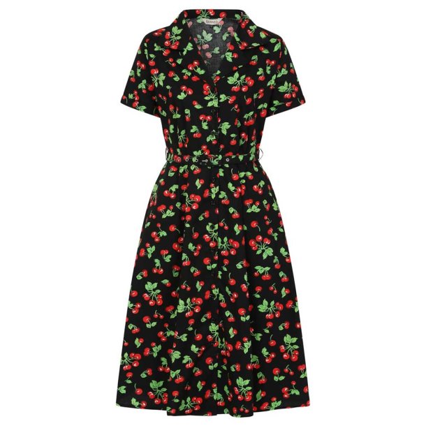 Black Darla Cherries Swing 1950'er skjortekjole