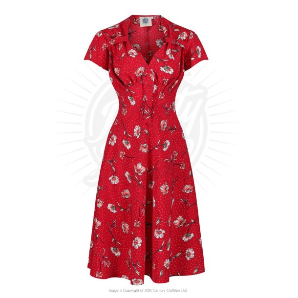 Pretty Retro Tea kjole rd med prikker og blomster